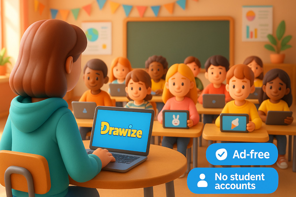 Teacher hosting an ad-free Drawize class; students draw and guess on laptops and tablets