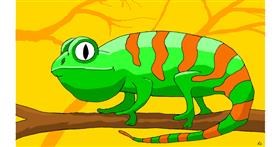 Drawing of Chameleon by flowerpot