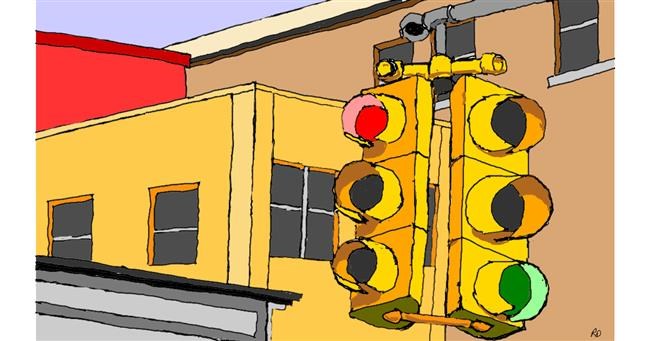 Drawing of Traffic light by flowerpot