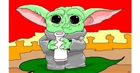 Drawing of Baby Yoda by flowerpot