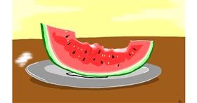 Drawing of Watermelon by flowerpot