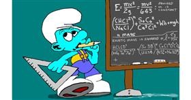 Drawing of Smurf by flowerpot