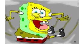 Drawing of Spongebob by flowerpot