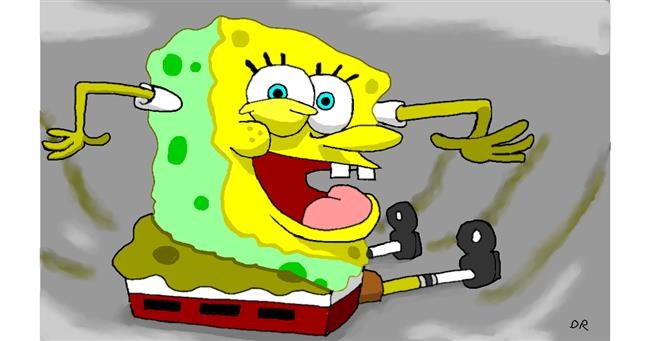 Drawing of Spongebob by flowerpot