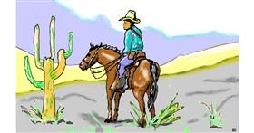 Drawing of Cowboy by flowerpot