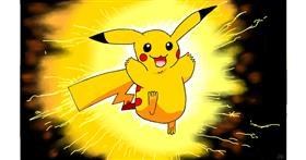 Drawing of Pikachu by flowerpot