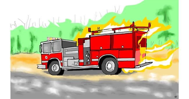 Drawing of Firetruck by flowerpot